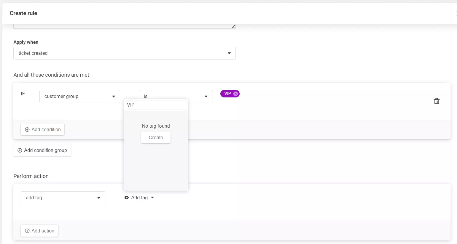 ルール作成セクションのスクリーンショット。新しいタグを追加する方法を示しています。