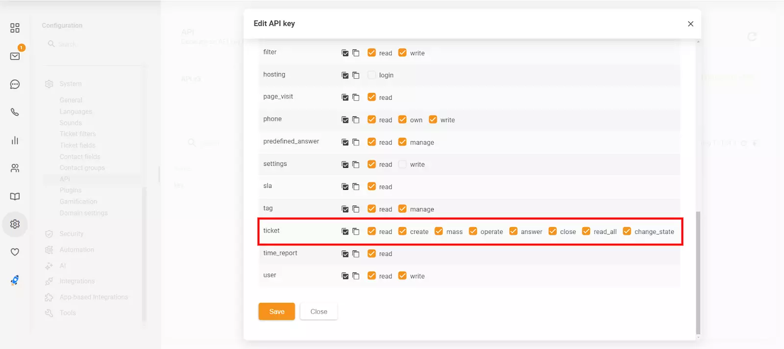 LiveAgentの「API キーを編集」セクションに表示される新しい「close」と「change_state」権限