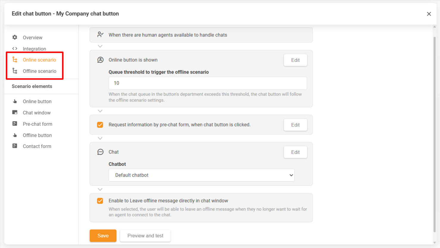 LiveAgentチャットボタン設定ウィンドウはオンラインおよびオフラインシナリオを表示