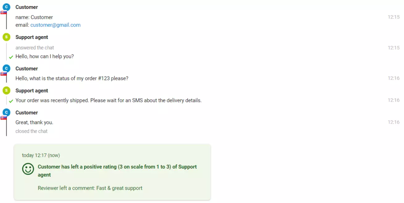肯定的な評価を残した顧客とのチャットの画像。