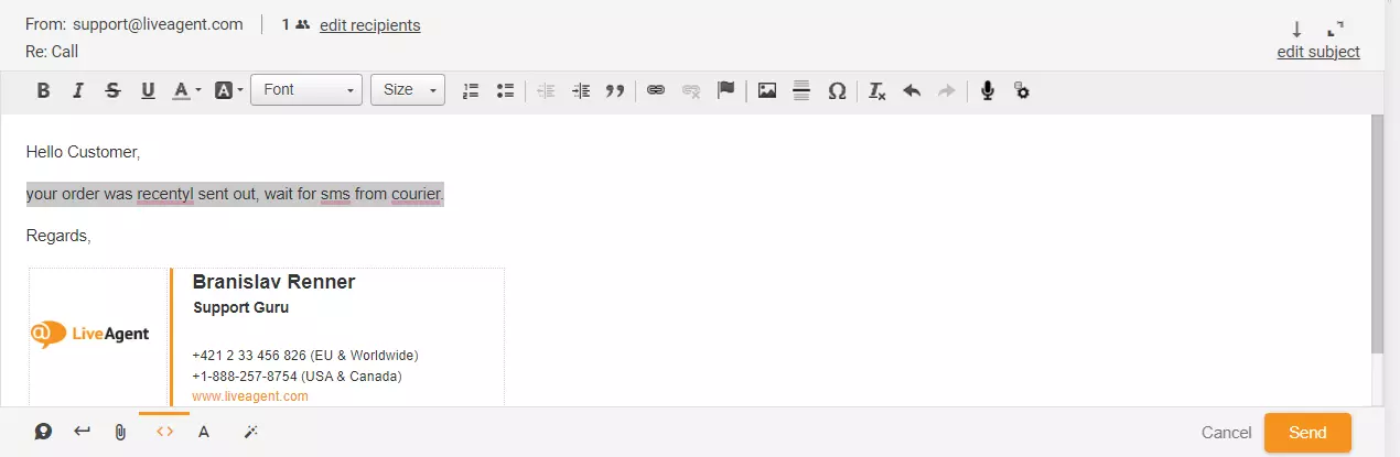 LiveAgentでハイライトされた返信を示す画像
