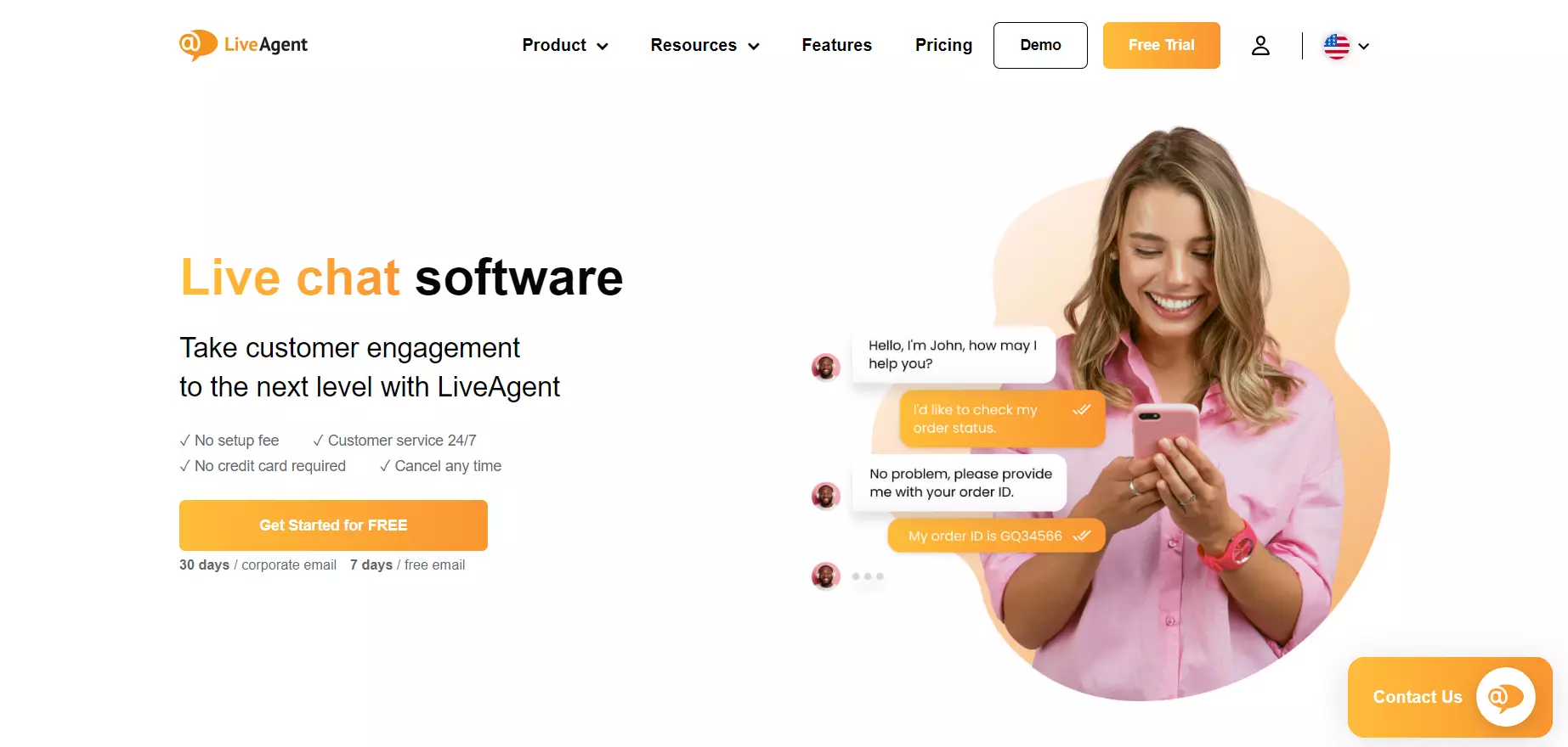実際の接続のためのライブチャットソフトウェアであるLiveAgentホームページのスクリーンショット