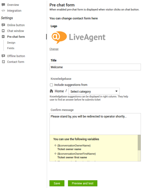 LiveAgentライブチャットソフトウェアのチャット前フォームの概要を示す画像。