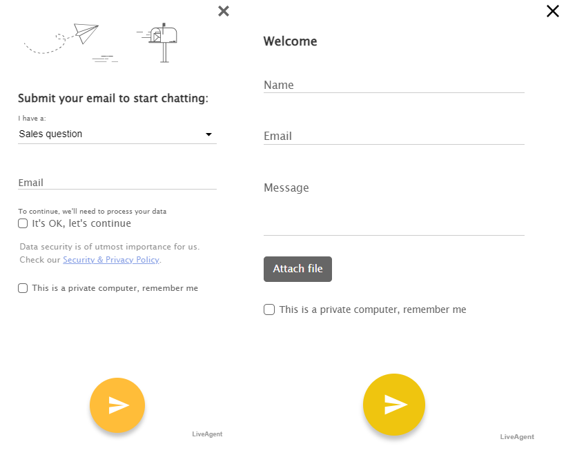 リクエストできる情報のタイプを示すチャット前アンケートウィンドウ。