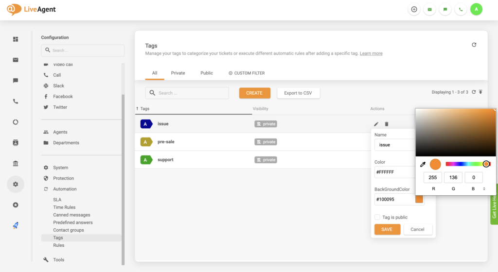 LiveAgentのタグ色変更設定の更新