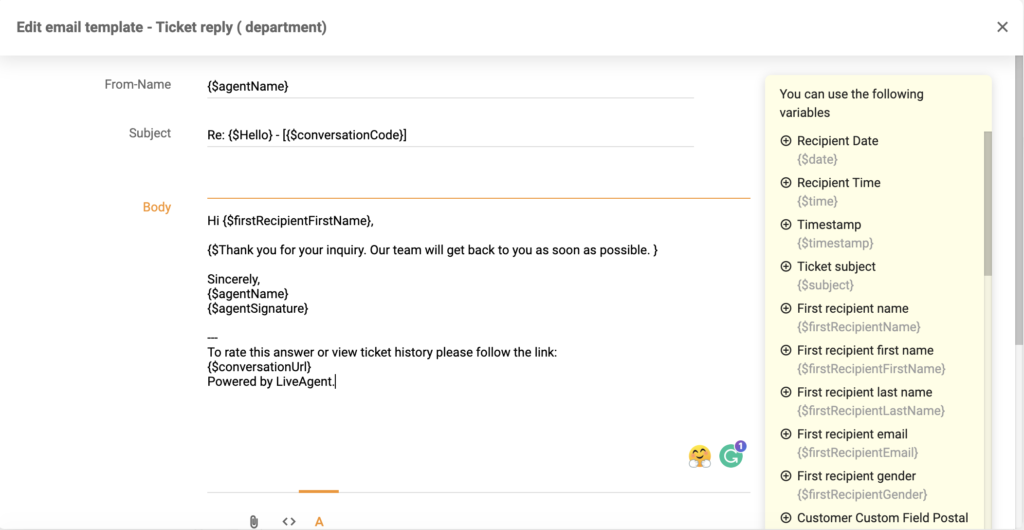 LiveAgent 5.26の新しいテンプレートエディター