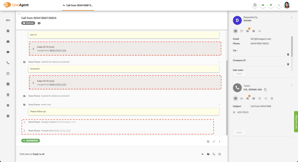 LiveAgentのマージされたチケットスレッド