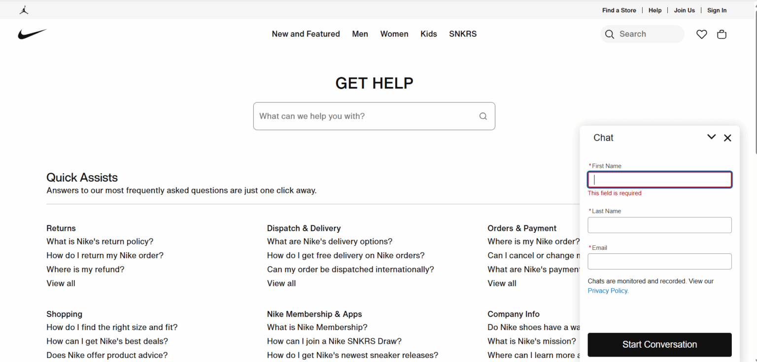 Nikeのウェブサイト上のAIチャットボット