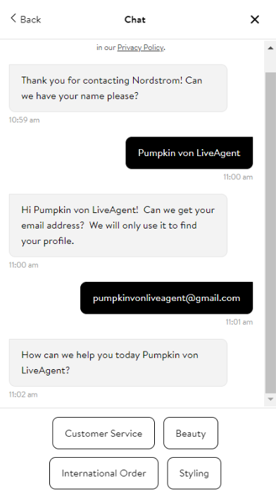 Nordstrom チャットボット機能