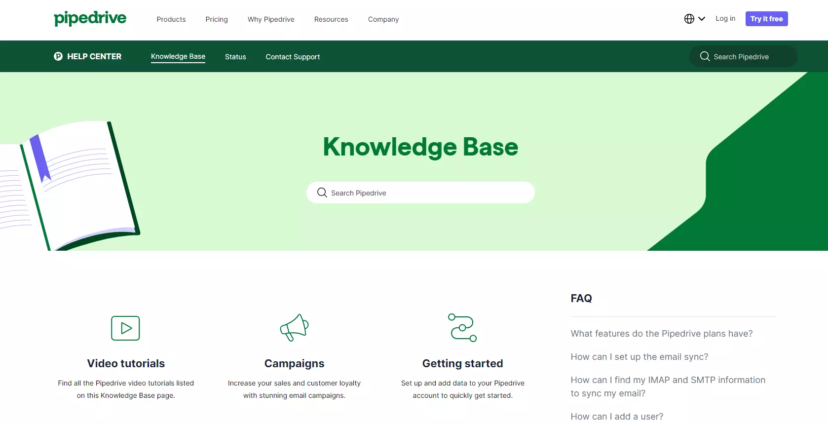 Image of Pipedrive's knowledge base showing the search bar, FAQs, and suggested categories of articles