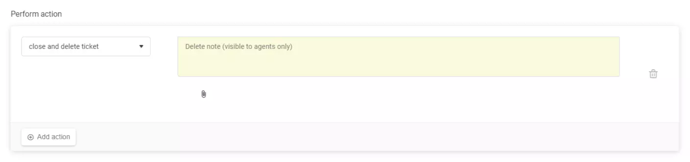 Automatic rule setup showing the 'close and delete ticket' action in LiveAgent