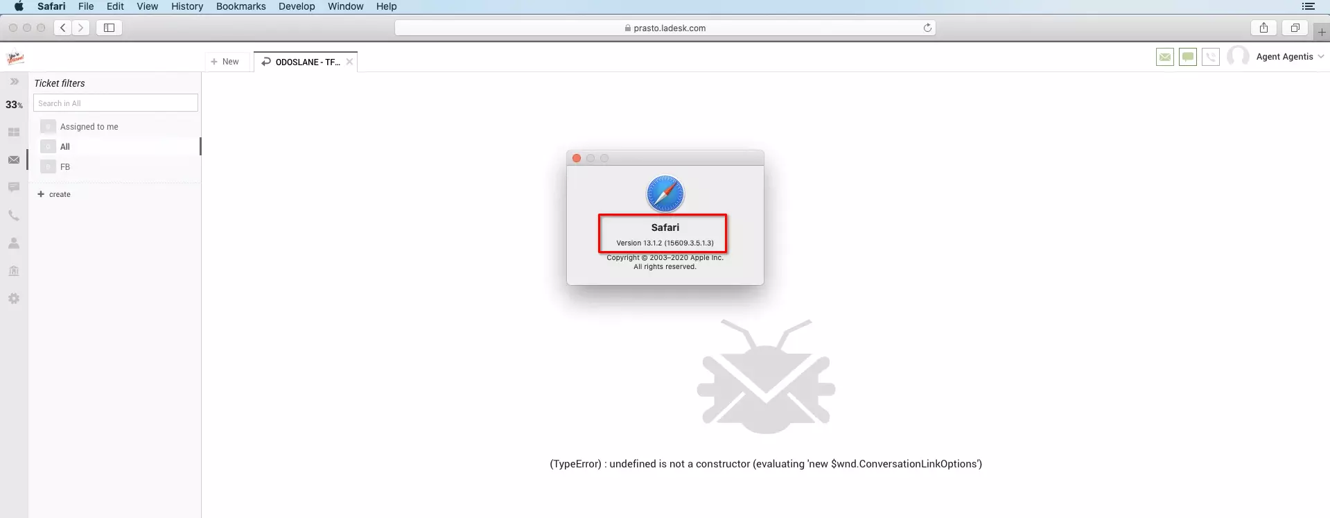 アップデート後のSafariブラウザのLiveAgent