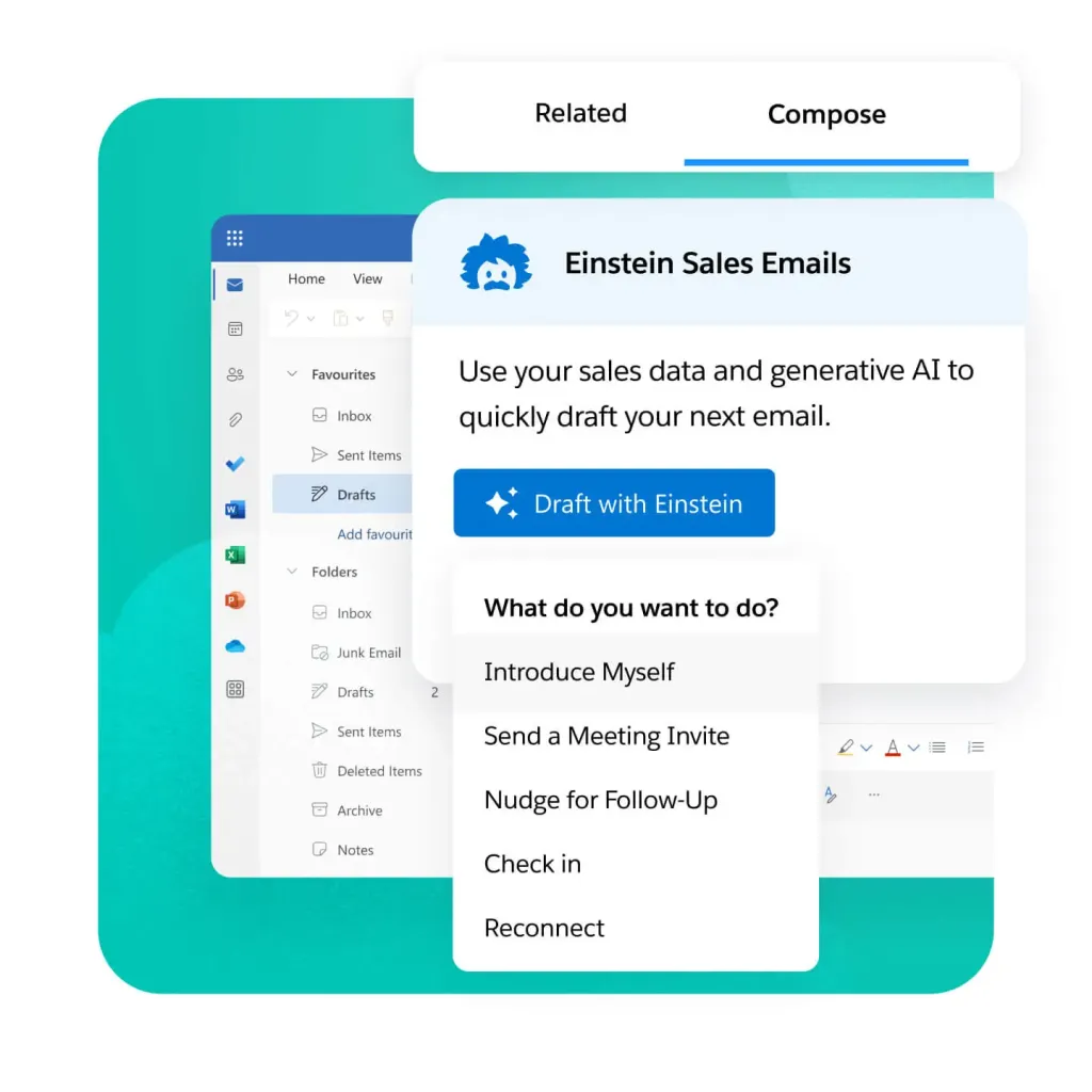 AI搭載メールドラフトオプションを表示するSalesforce Einstein Sales Emailsインターフェース。