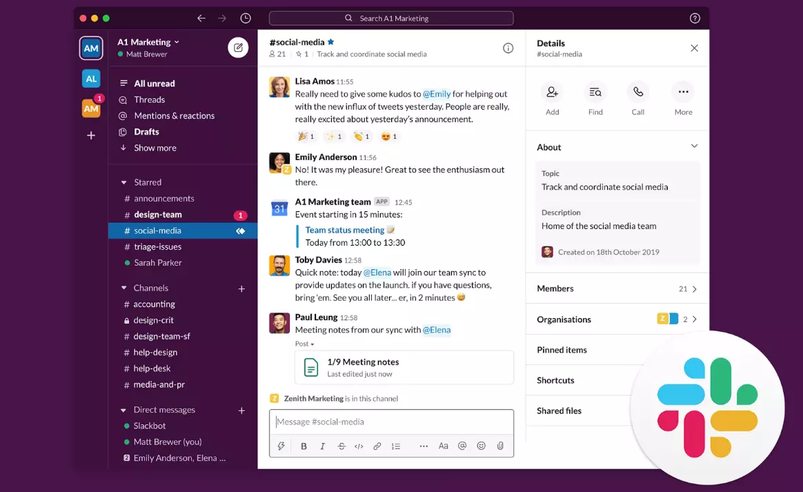 エンタープライズソーシャルネットワーク Slack の例で、チャネルコラボレーション機能が表示されています。