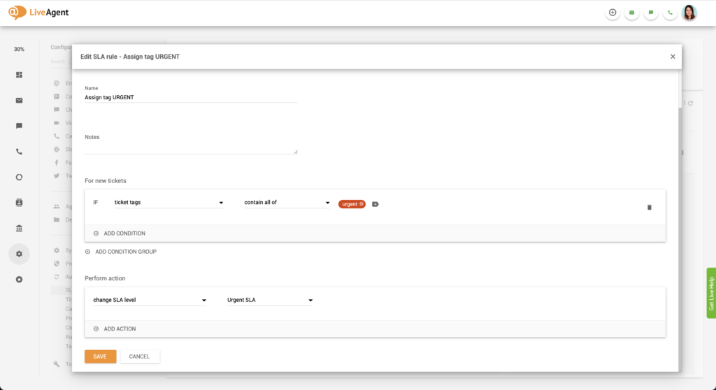 LiveAgentで緊急SLAルールを作成する