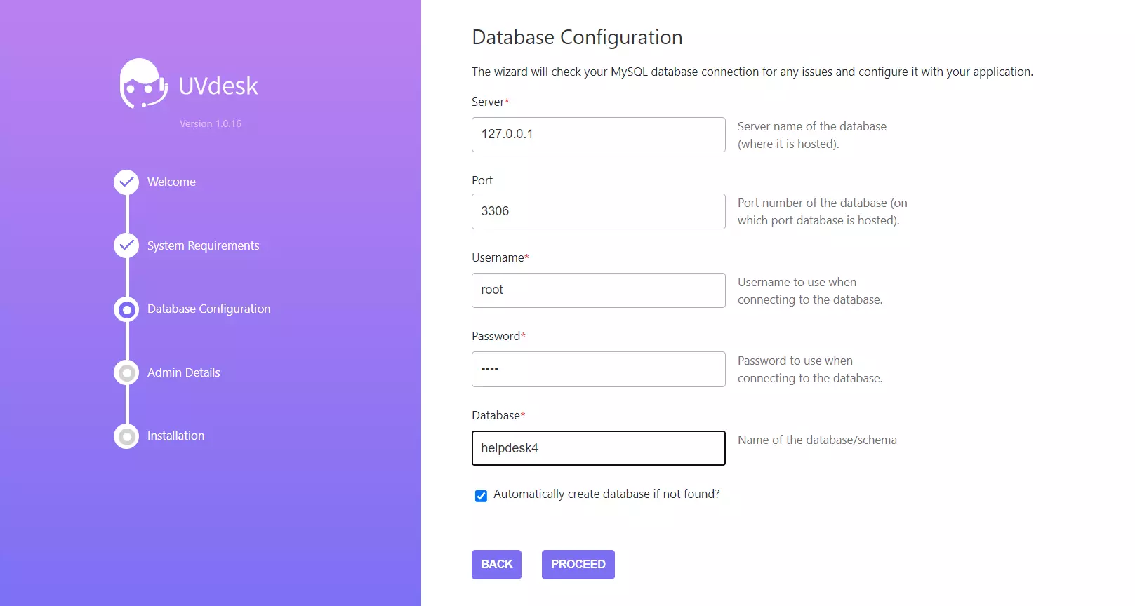 UVdeskのインストールウィザードの例