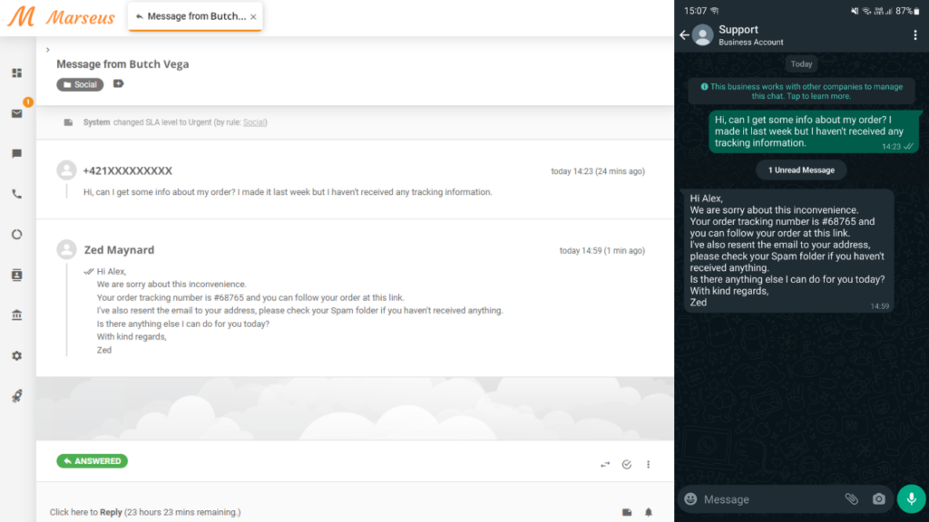 LiveAgentのチケットとして表示されるWhatsAppメッセージ