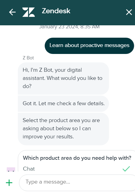 Zendeskのライブチャット会話がどのように見えるかを示す画像