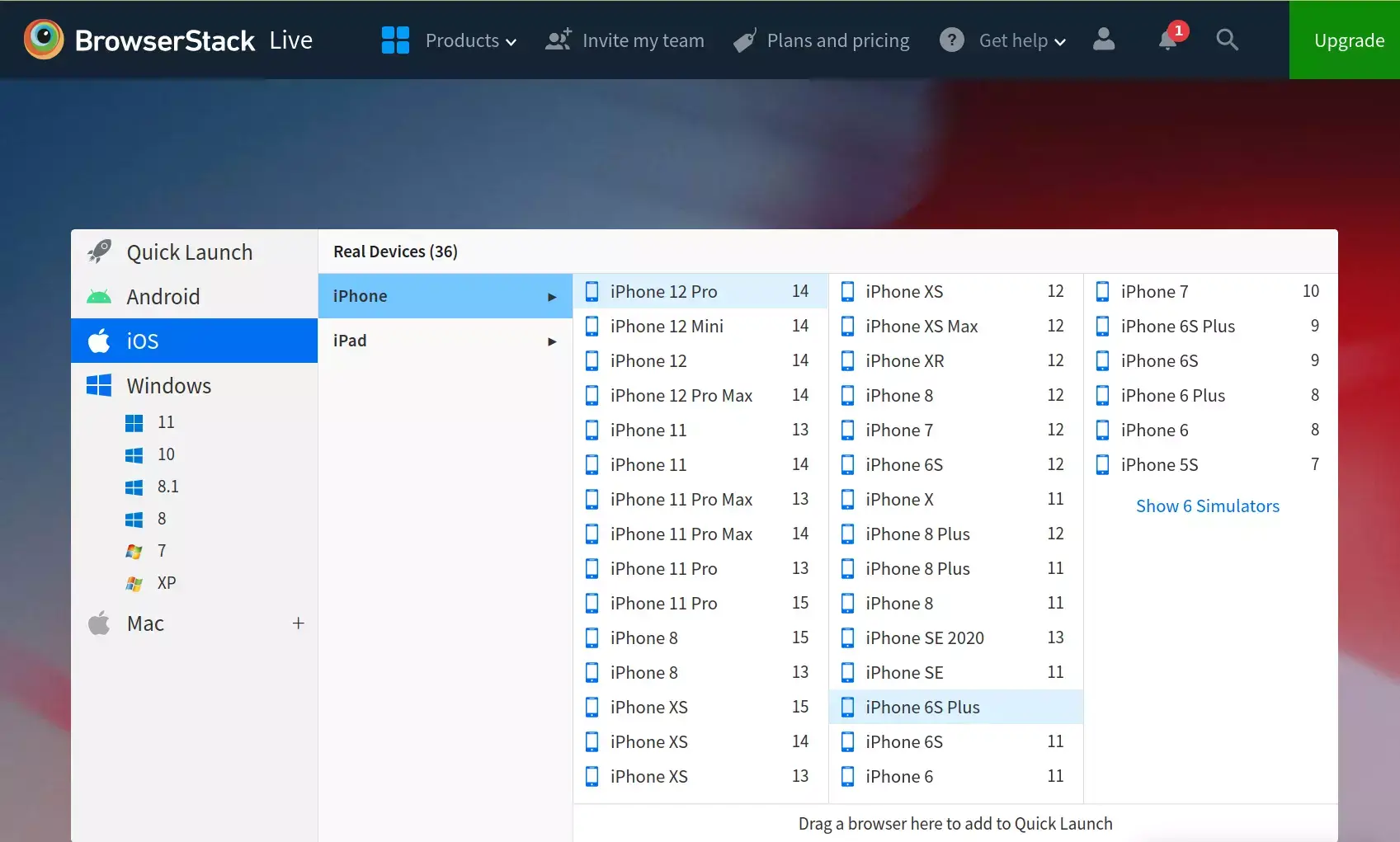 BrowserStackは多くのモバイルプラットフォームとオペレーティングシステムのバージョンをシミュレートします