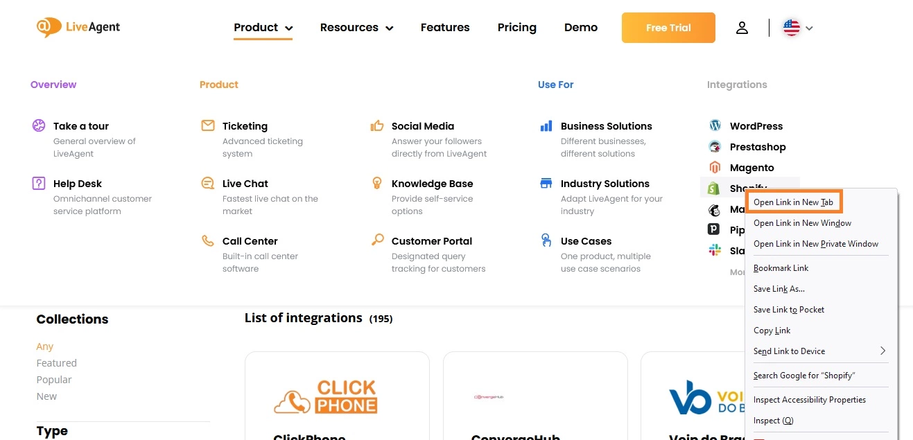 LiveAgentのページの新しいタブの例