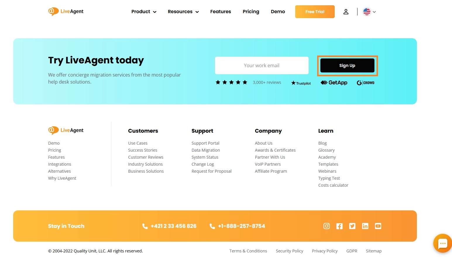 LiveAgentのサインアップオプション