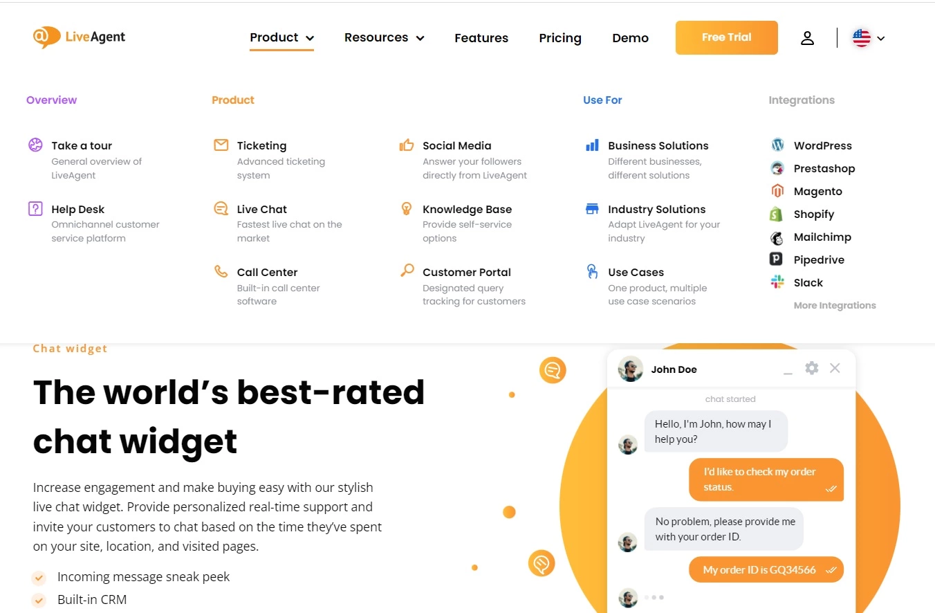 LiveAgentの製品ナビゲーション