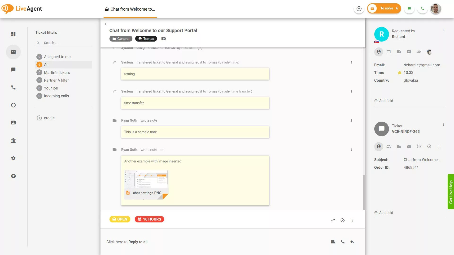 LiveAgentのチケット内のメモ