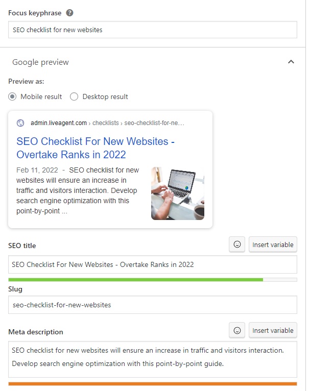 LiveAgent–キーフレーズ、SEOタイトル、メタディスクリプションの例