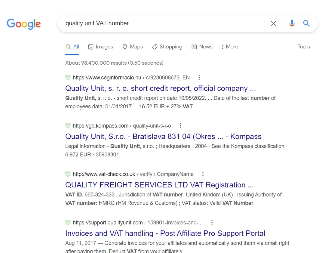 Quality Unit VAT number Google search