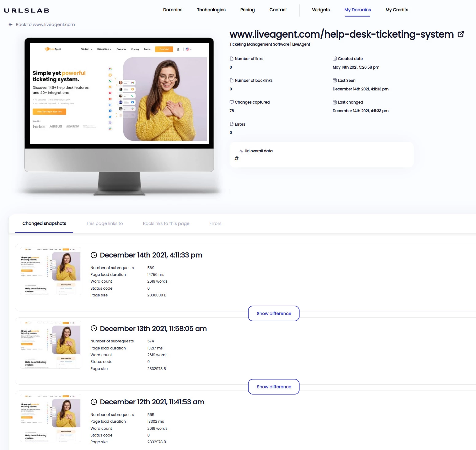 ウェブサイトの各ページの毎日のスクリーンショットを取得する
