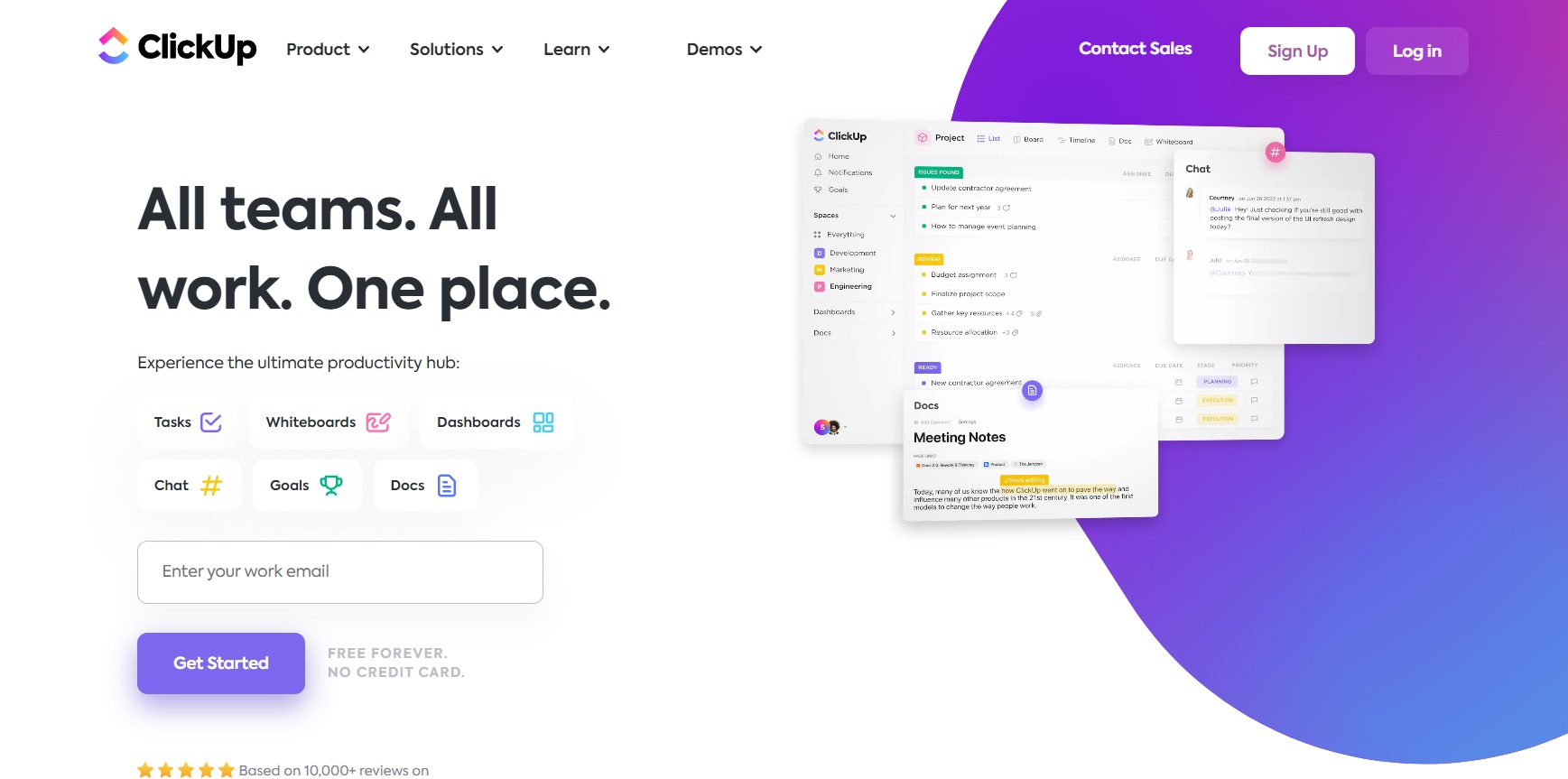 ClickUpのホームページ - 1つの場所からプロジェクトを計画、追跡、簡単に管理します。