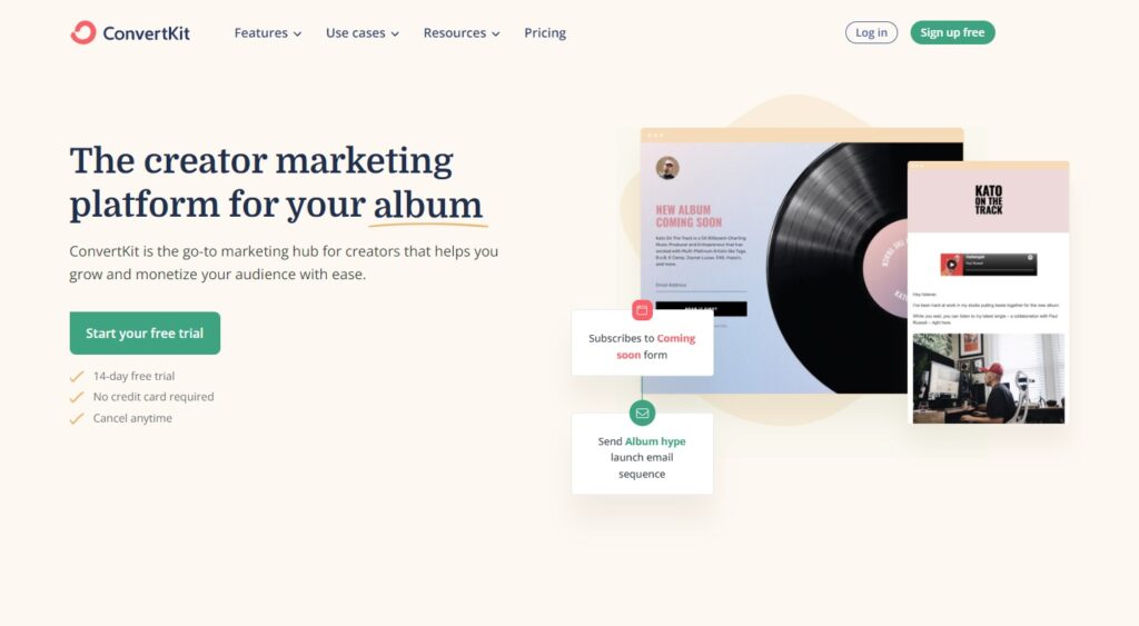クリエイター向けのメール管理ソフトウェアであるConvertKitホームページ