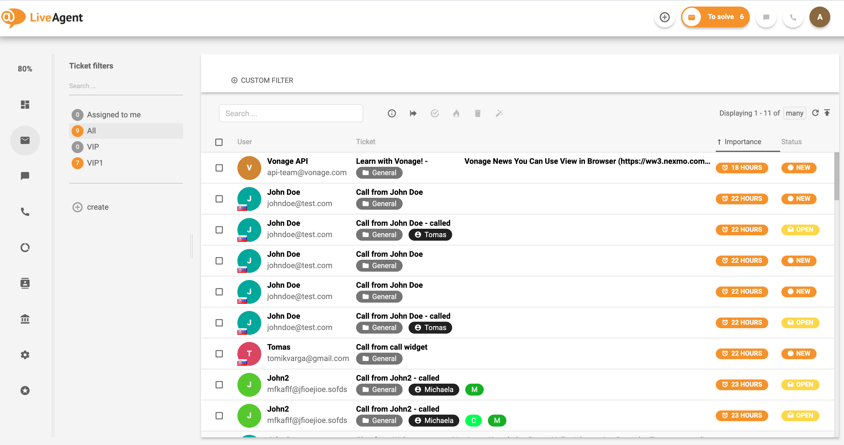 LiveAgent - すべてのチケット - ユニバーサルインボックス