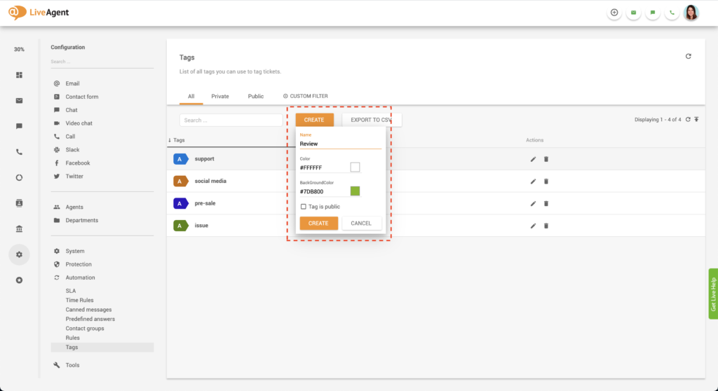 LiveAgentでのカスタムタグの作成