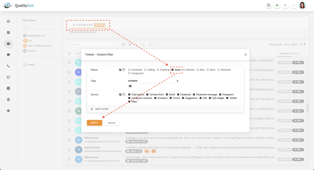 LiveAgentのスパムフィルター