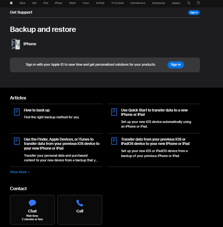 サポートオプションを表示しているAppleサポートページ