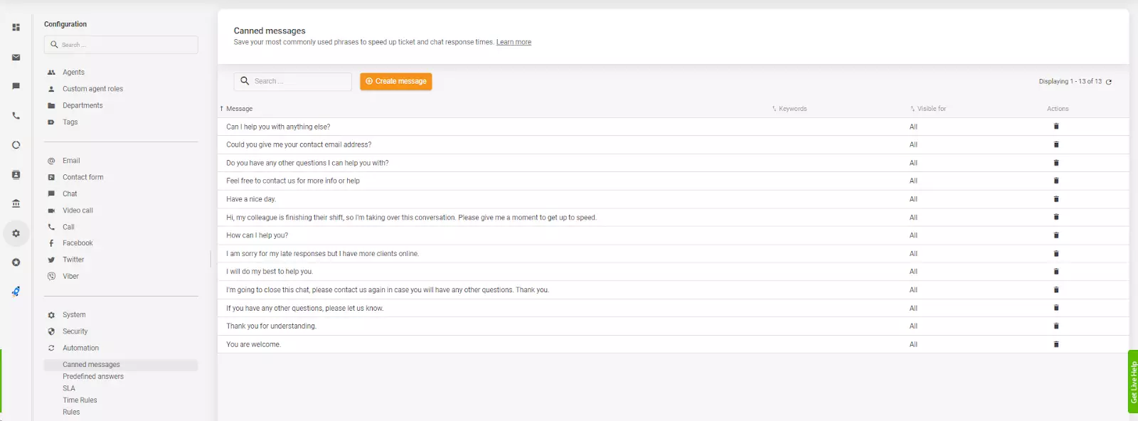 LiveAgentエージェントUIのオートメーションの下の定型応答