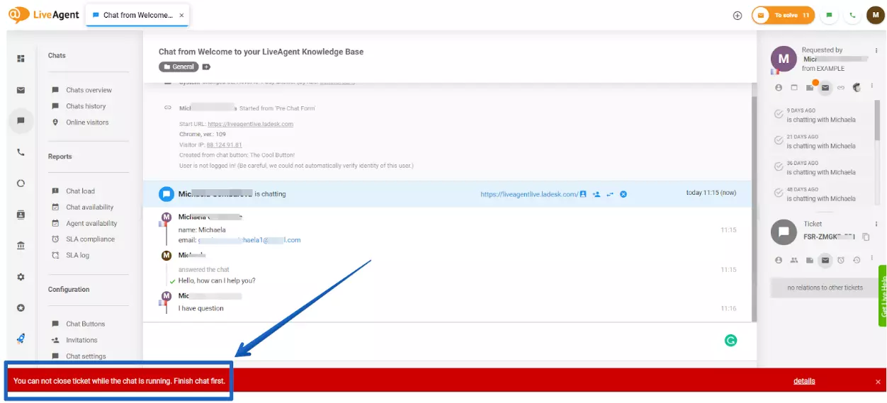 LiveAgent - unsolved chat warning