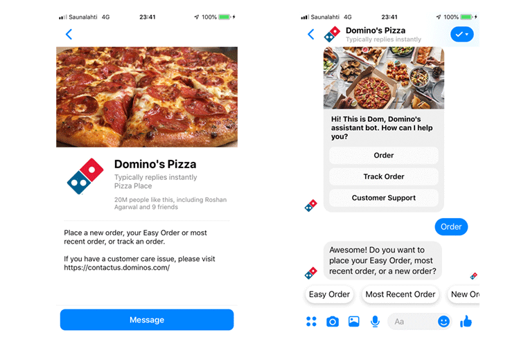 Domino's Pizza Messenger live chat for placing orders