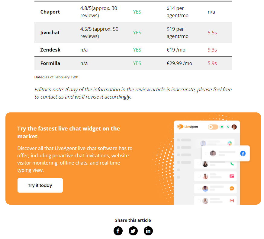 LiveAgentのコンテンツ終了後のCTA