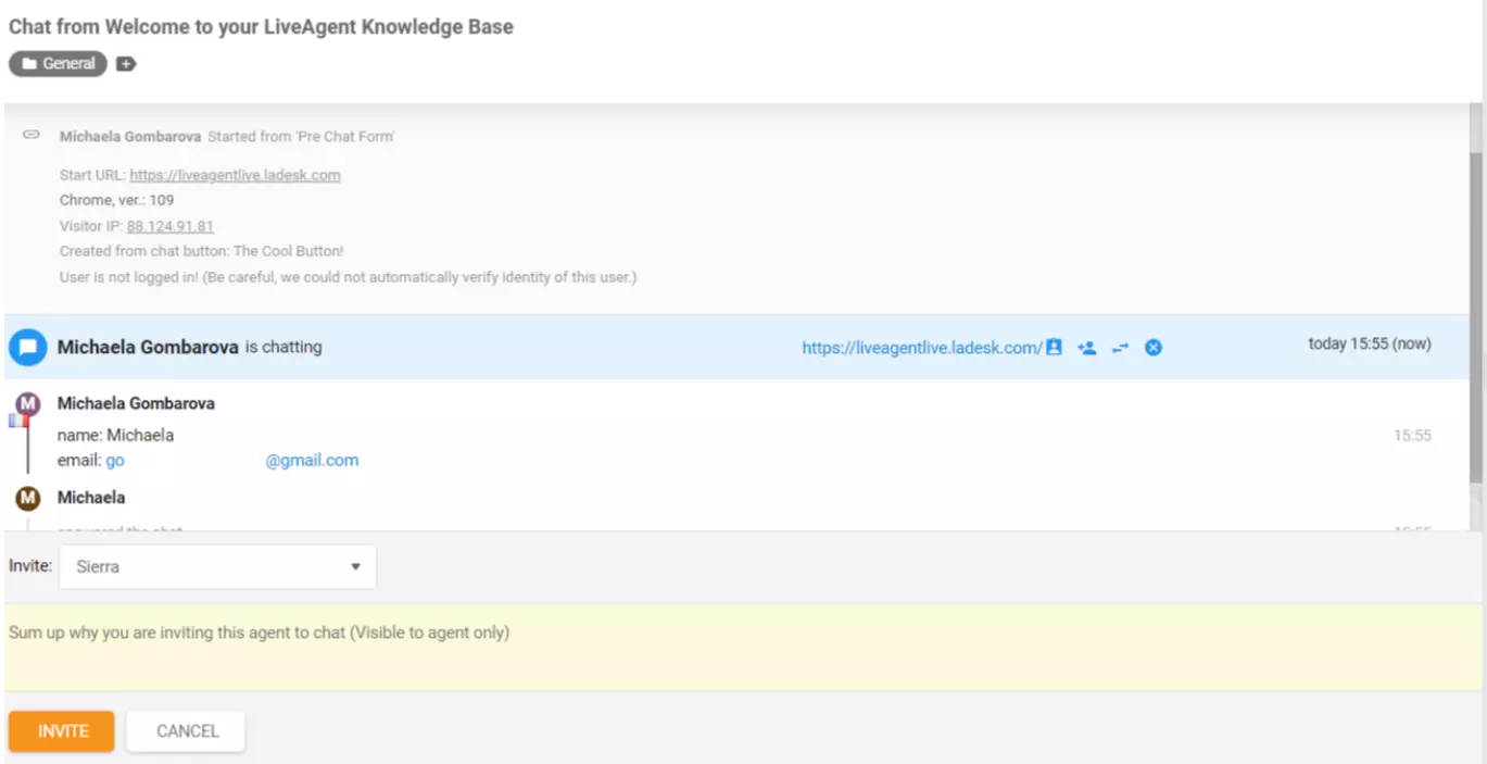 LiveAgent エージェントがチャットに招待されました