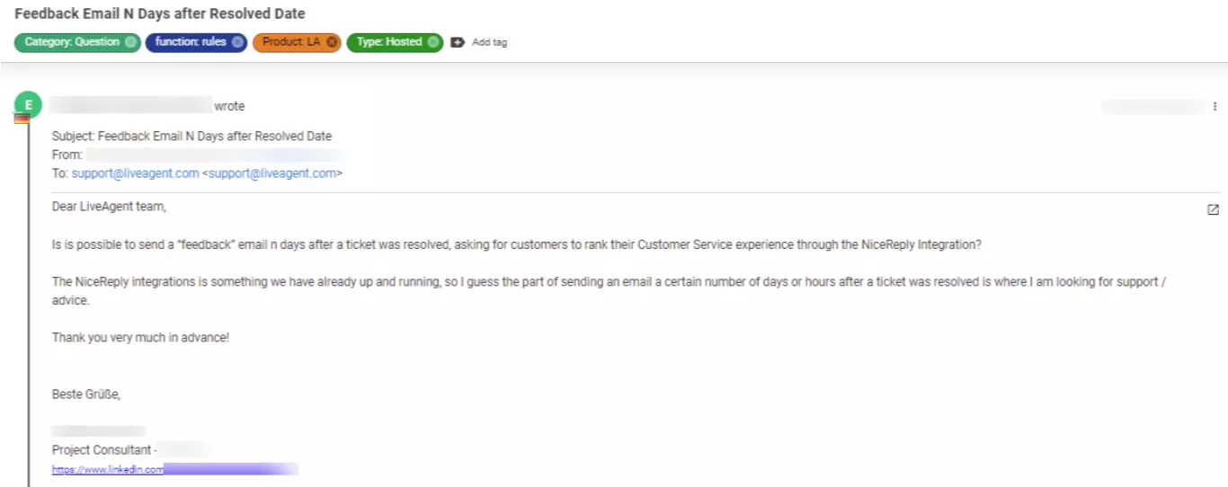低優先度と見なされる顧客の問題を示すチケットのスクリーンショット。