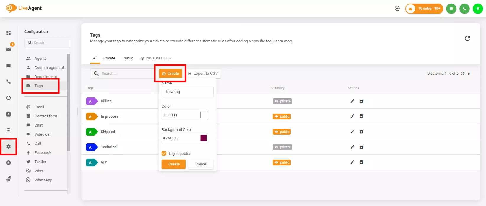 LiveAgentでタグを検索および作成する場所を示す画像