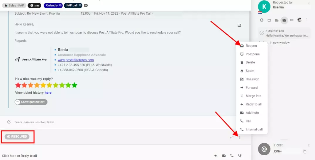 LiveAgentチケットを再度開く
