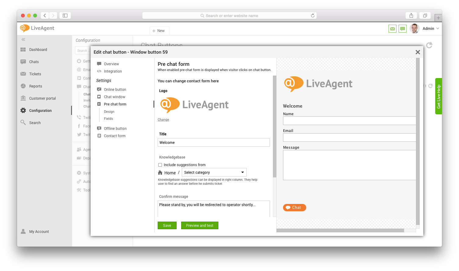 Pre-chat form window with fields and preview