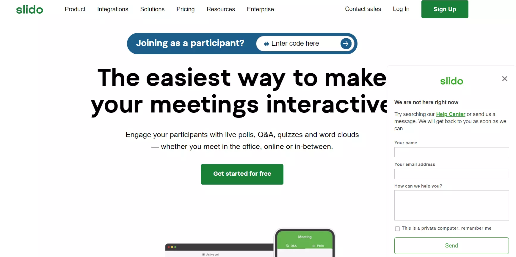 チャットボックス付きのSlido ホームページ