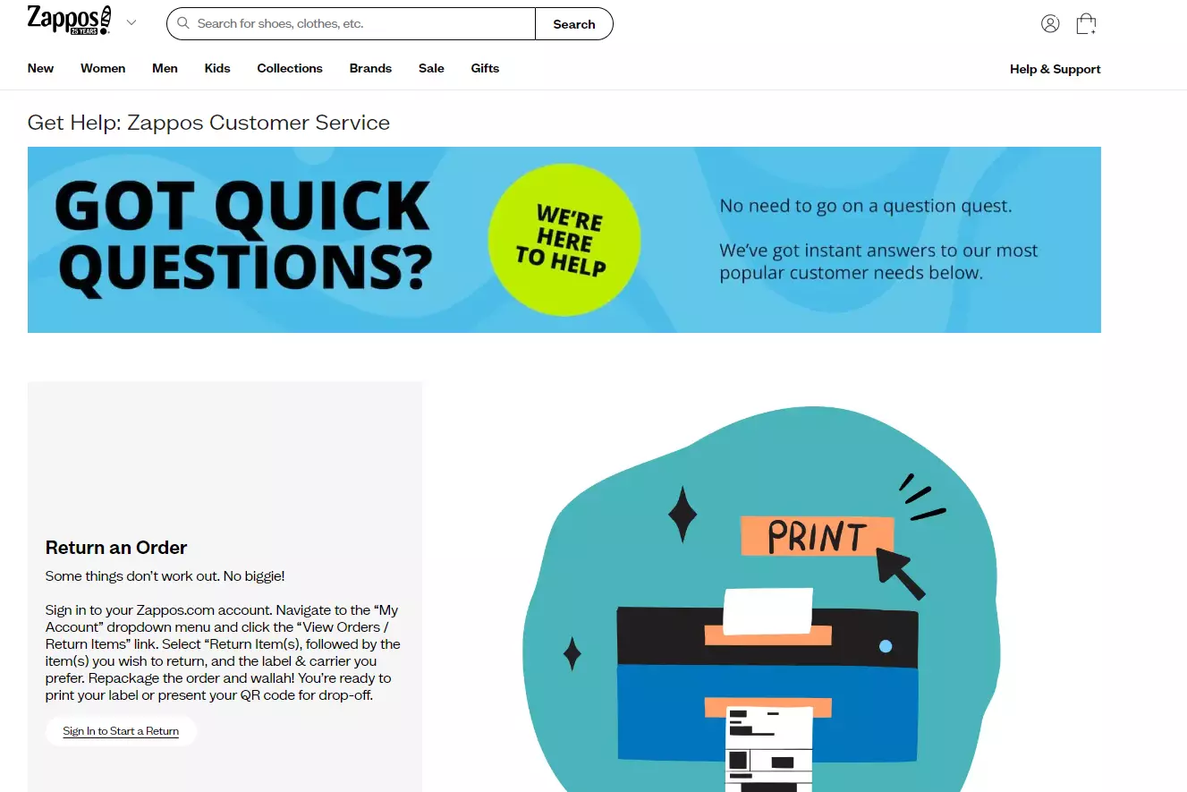 サポートオプションを表示しているZapposサポートページ