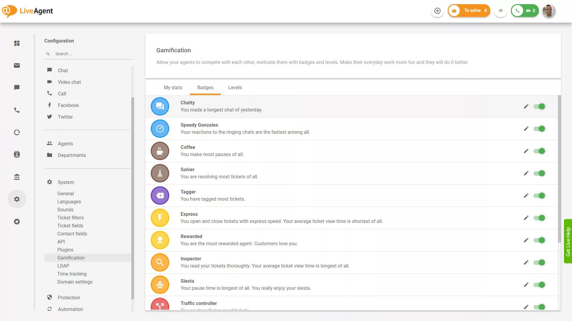 LiveAgentで利用可能なバッジのリスト
