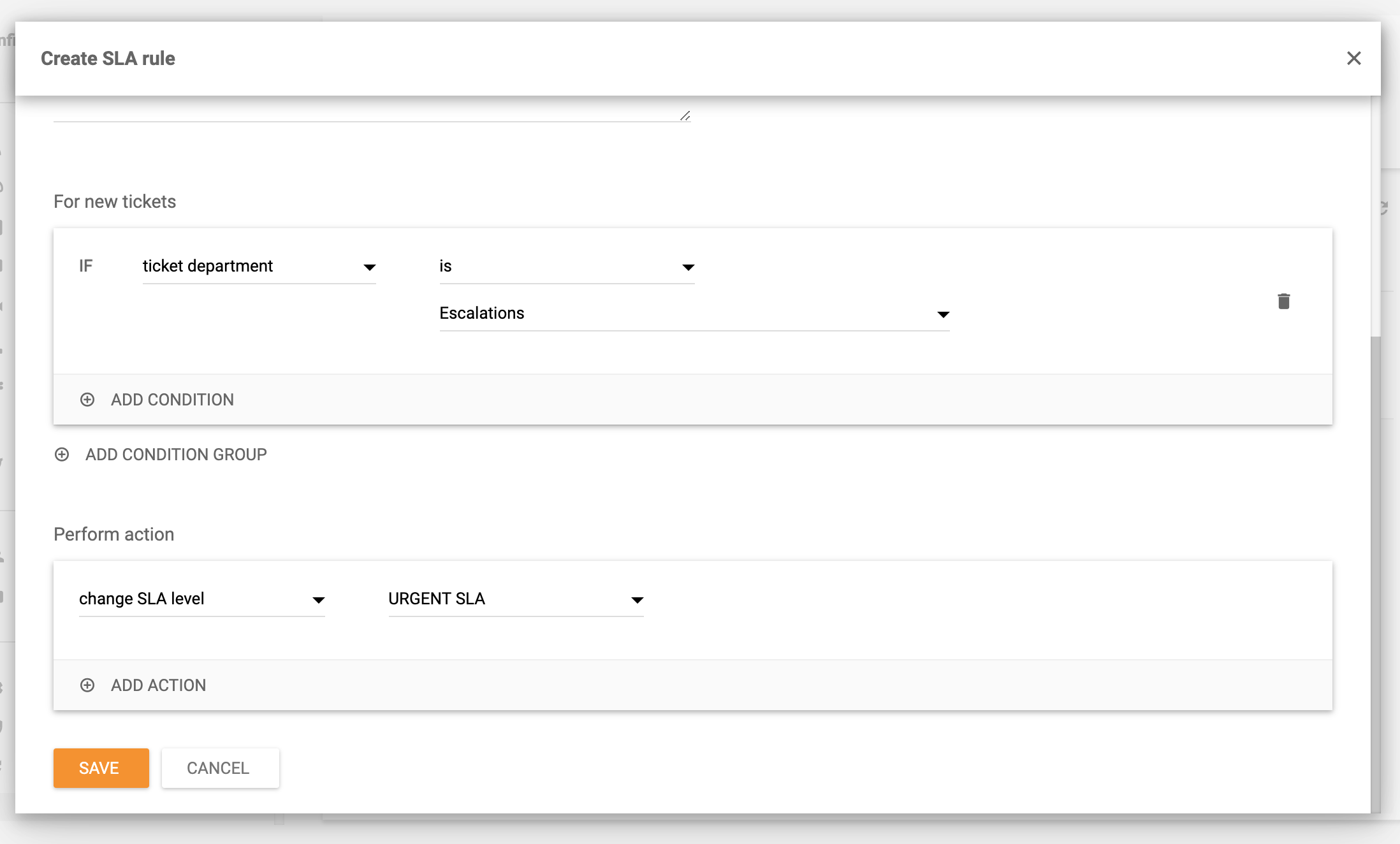 SLA rule creation in LiveAgent