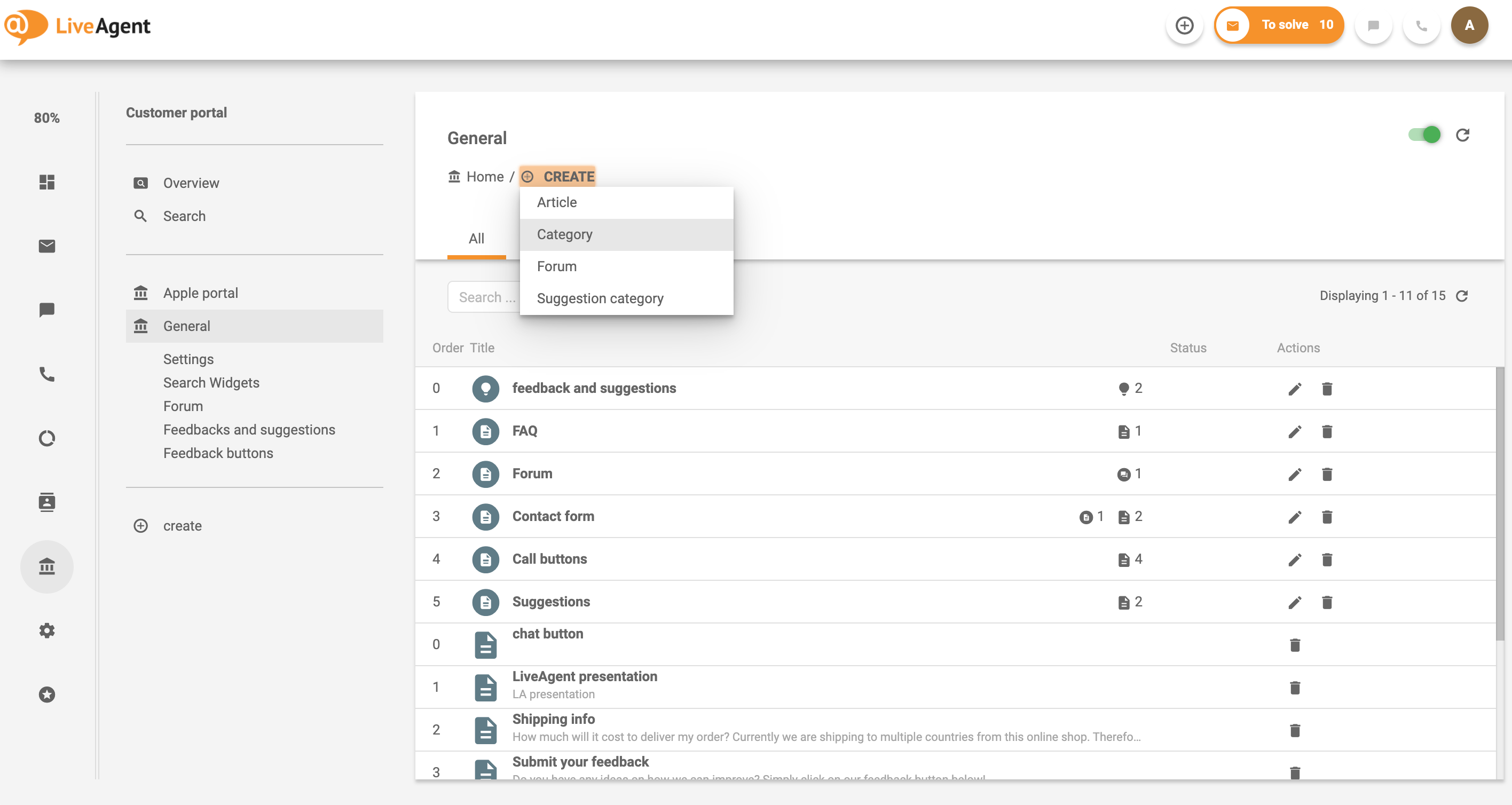 LiveAgentナレッジベースシステムの顧客ポータル用カテゴリ作成の例